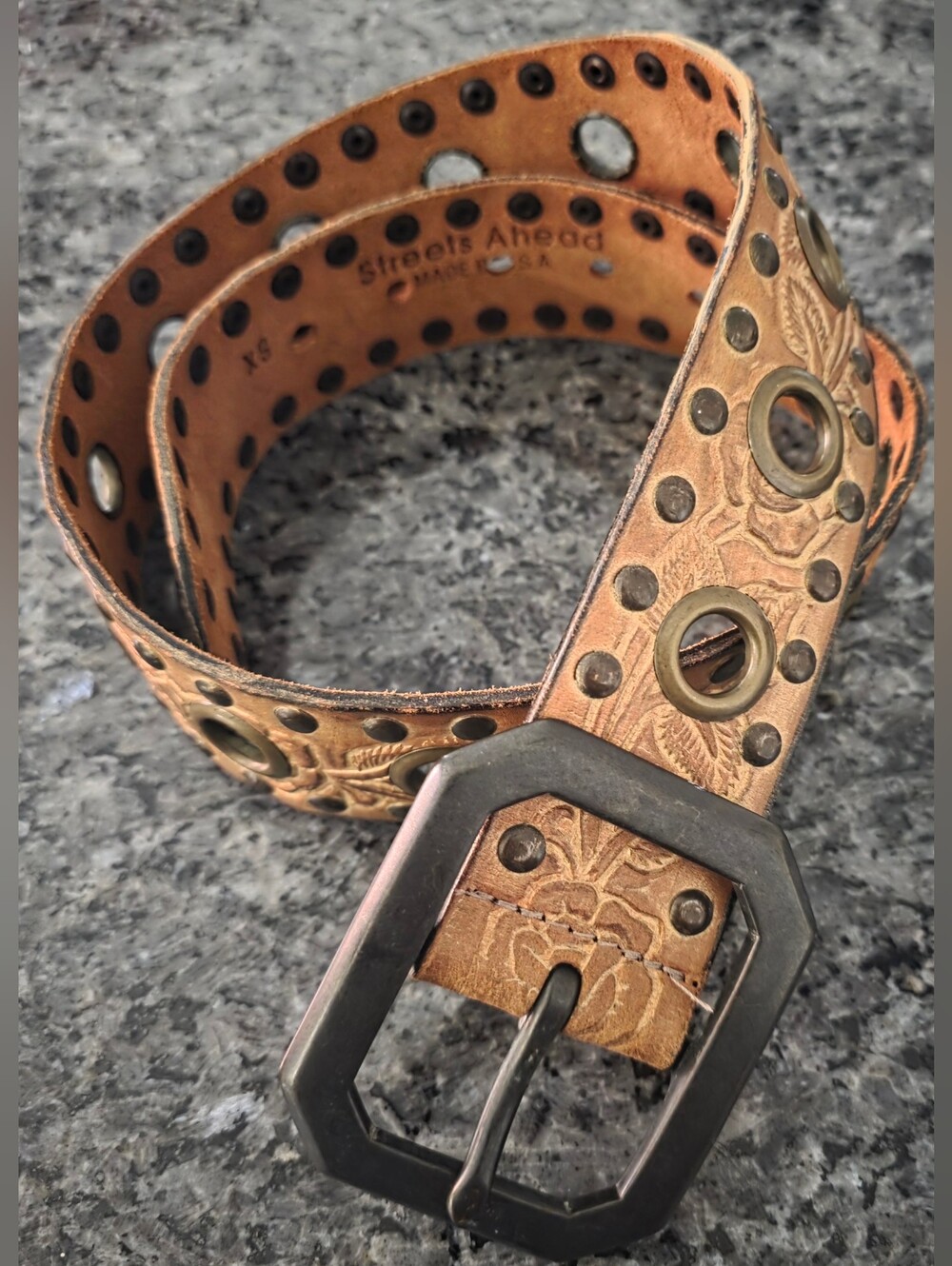 Streets Ahead Studded Tooled Leather Belt in Tan with Brass Accents XS